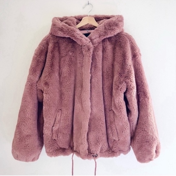 Lucky Brand Jackets & Blazers - Lucky Brand Fuzzy Plush Faux Fur Hooded Bomber Jacket Dusty Rose Pink Sz Medium